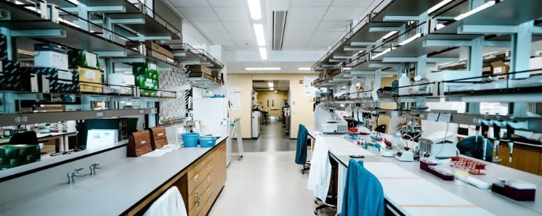 Interior view of lab space with lab bench visible