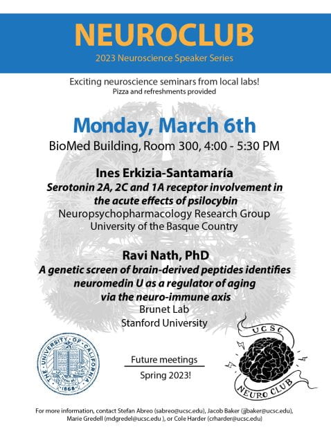 Flyer for Neuroclub on March 6, 2023 with speakers Ines Erkizia-Santamaria and Ravi Nath