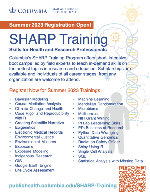 SHARP Training: Skills for Health And Research Professionals flyer for 2023 programs
