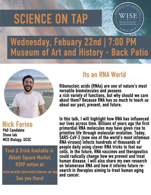 Science on Tap Flyer for February 22, 2023 with speaker Nick Forino