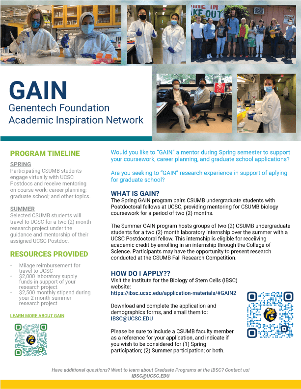 GAIN Undergraduate flyer with QR codes for application materials and additional info