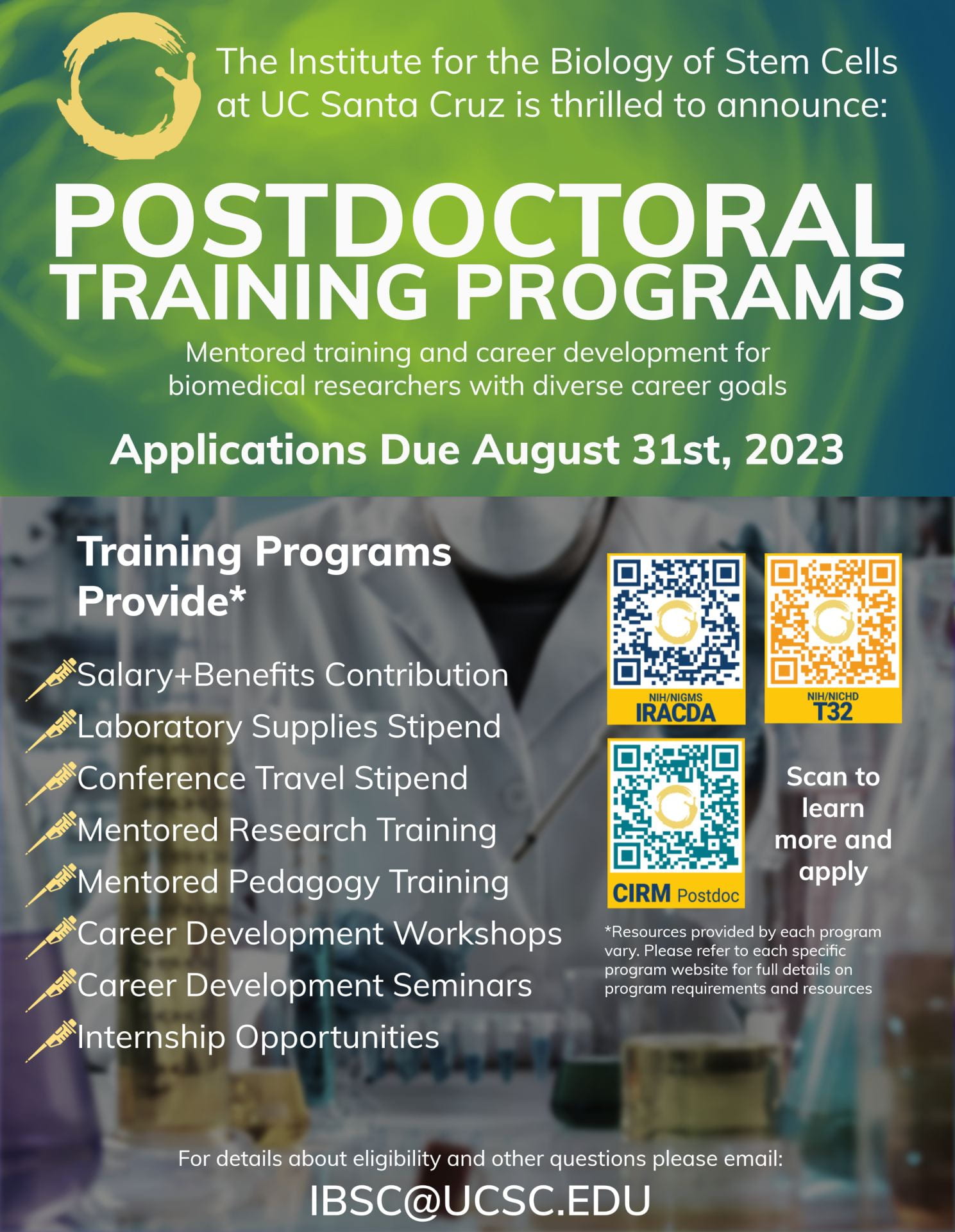 IBSC Postdoctoral Training Program Recruitment Flyer for IRACDA, CIRM, and T32