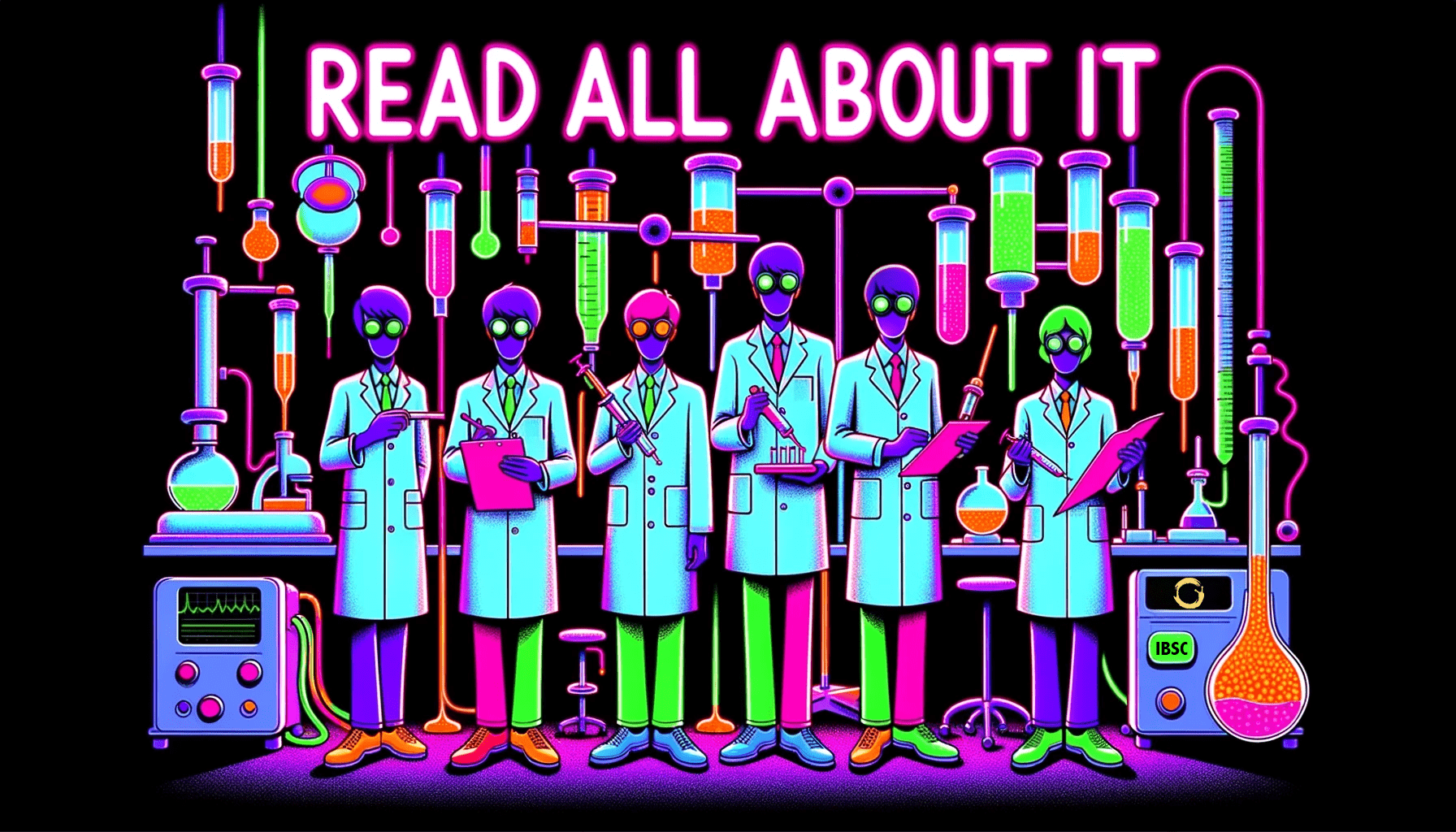 IBSC Newsletter banner showing neon scientists and the phrase "read all about it"