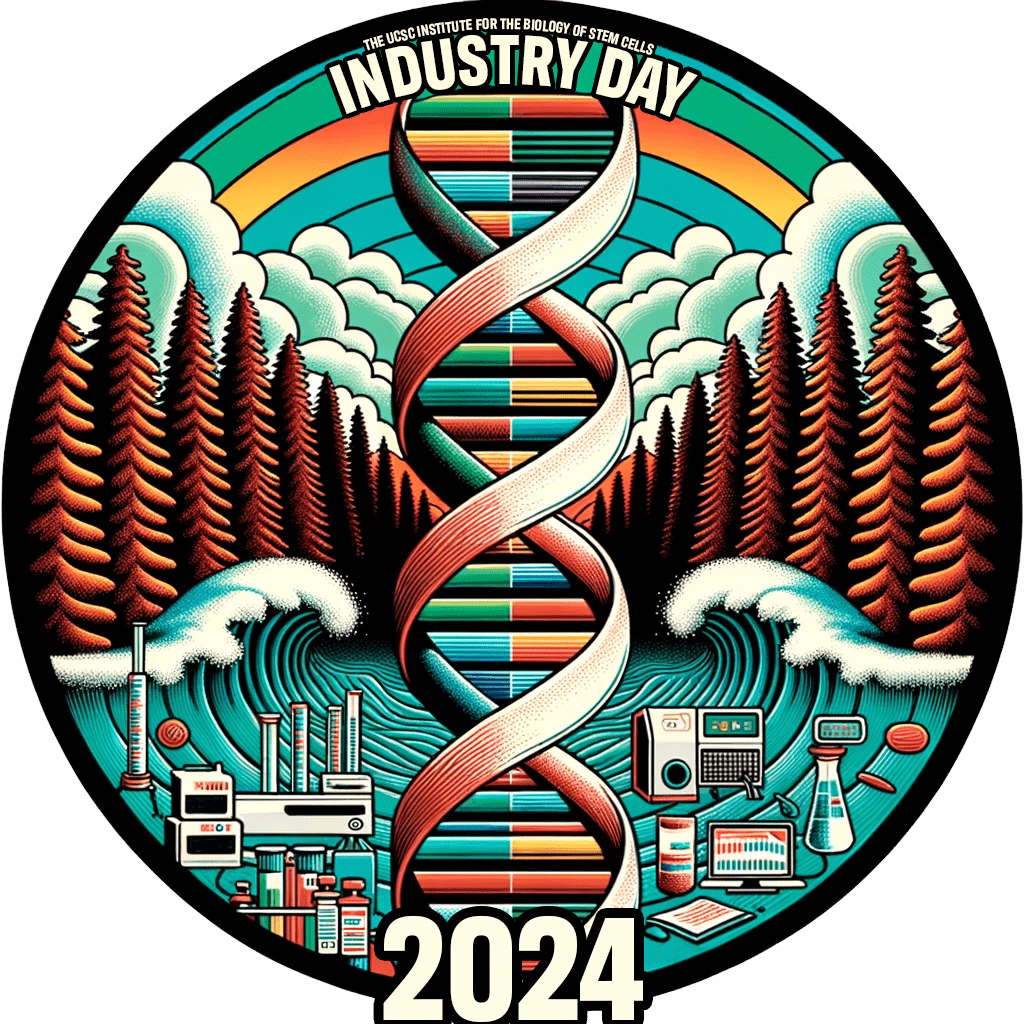 Industry Day 2024 logo with right handed DNA double helix and waves and redwoods
